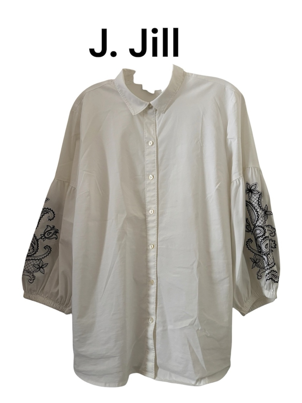 J. Jill White Button-Down Shirt with Black Embroidered Sleeves L